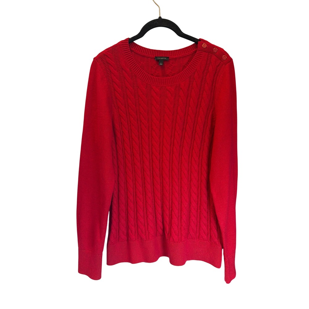 Talbots Red Cable Knit Sweater Womens Large Gold Shoulder Button Long Sleeve